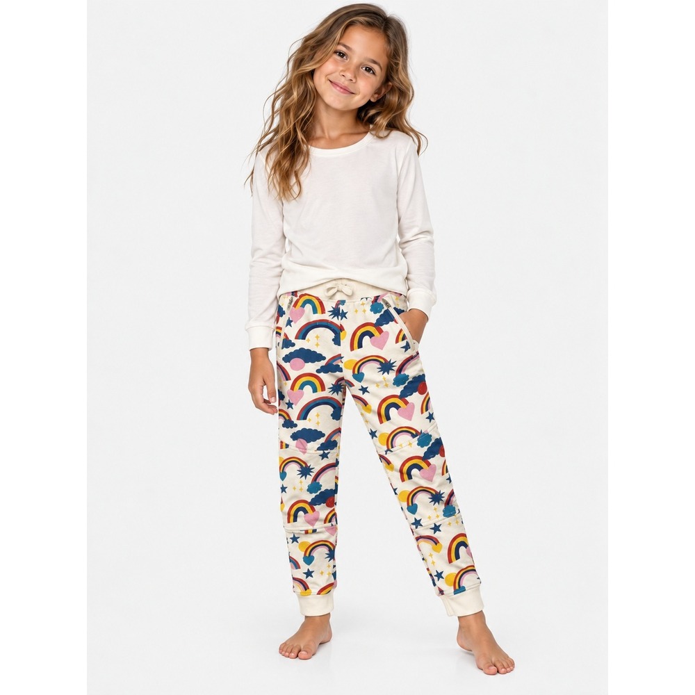 Hanna Andersson Kids Slim Rainbow Hearts Star Jogger Pants Cream Size 8 130cm